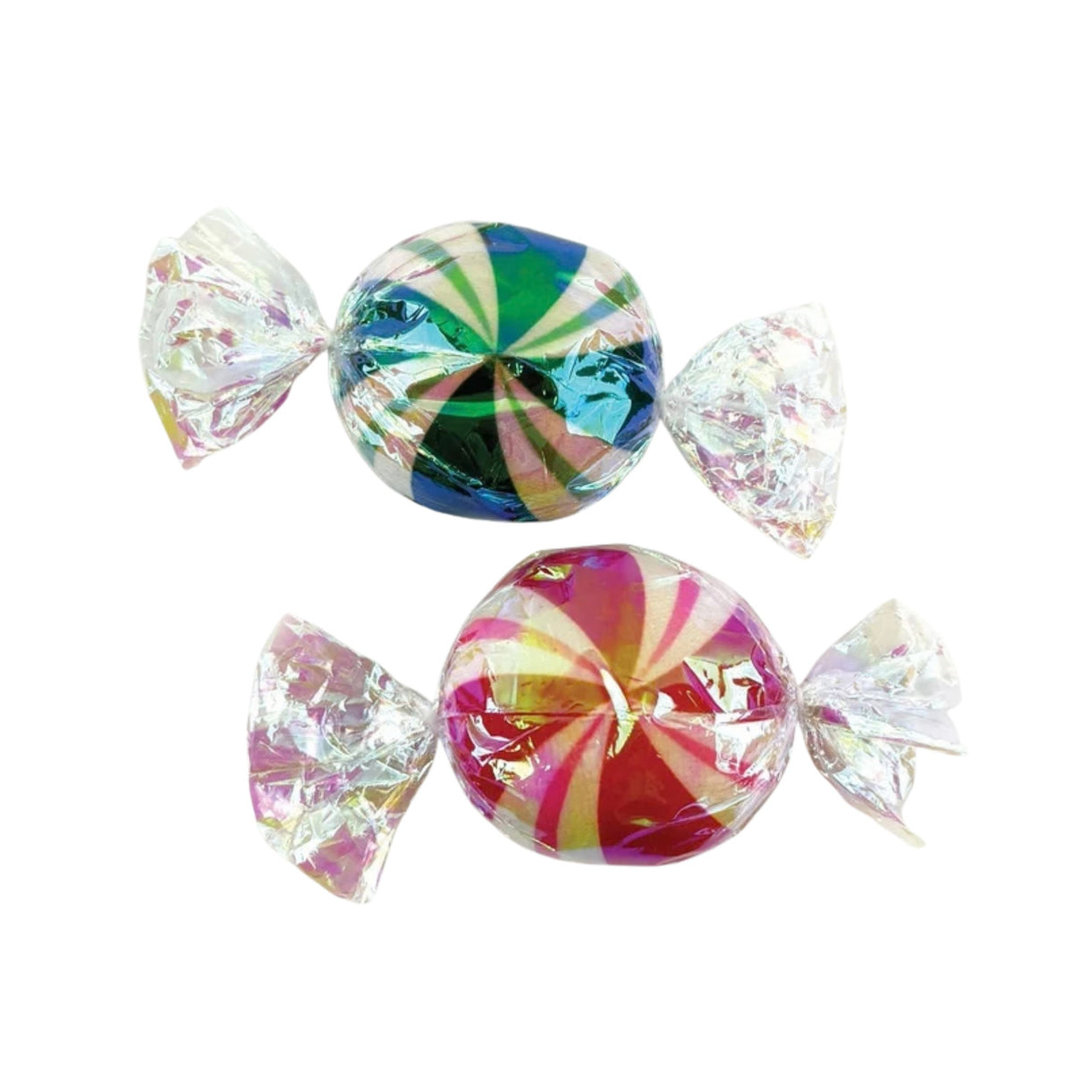 Cat toys shaped like two round wrapped candies on a plain white background. The top candy has a green, blue, and pink swirl pattern, and the bottom candy has a pink, red, and yellow swirl pattern, both wrapped in shiny silver foil with twisted silver paper ends.