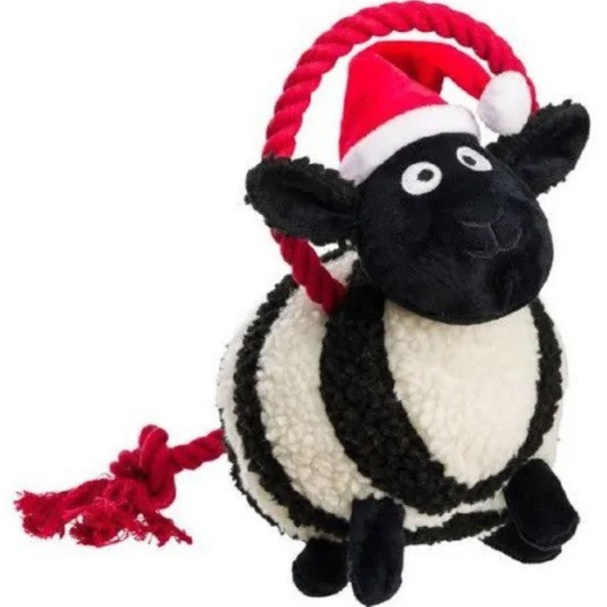 A plush sheep-shaped dog toy with a black and white body, red rope handle, and a red Santa hat, shown on a plain white background.