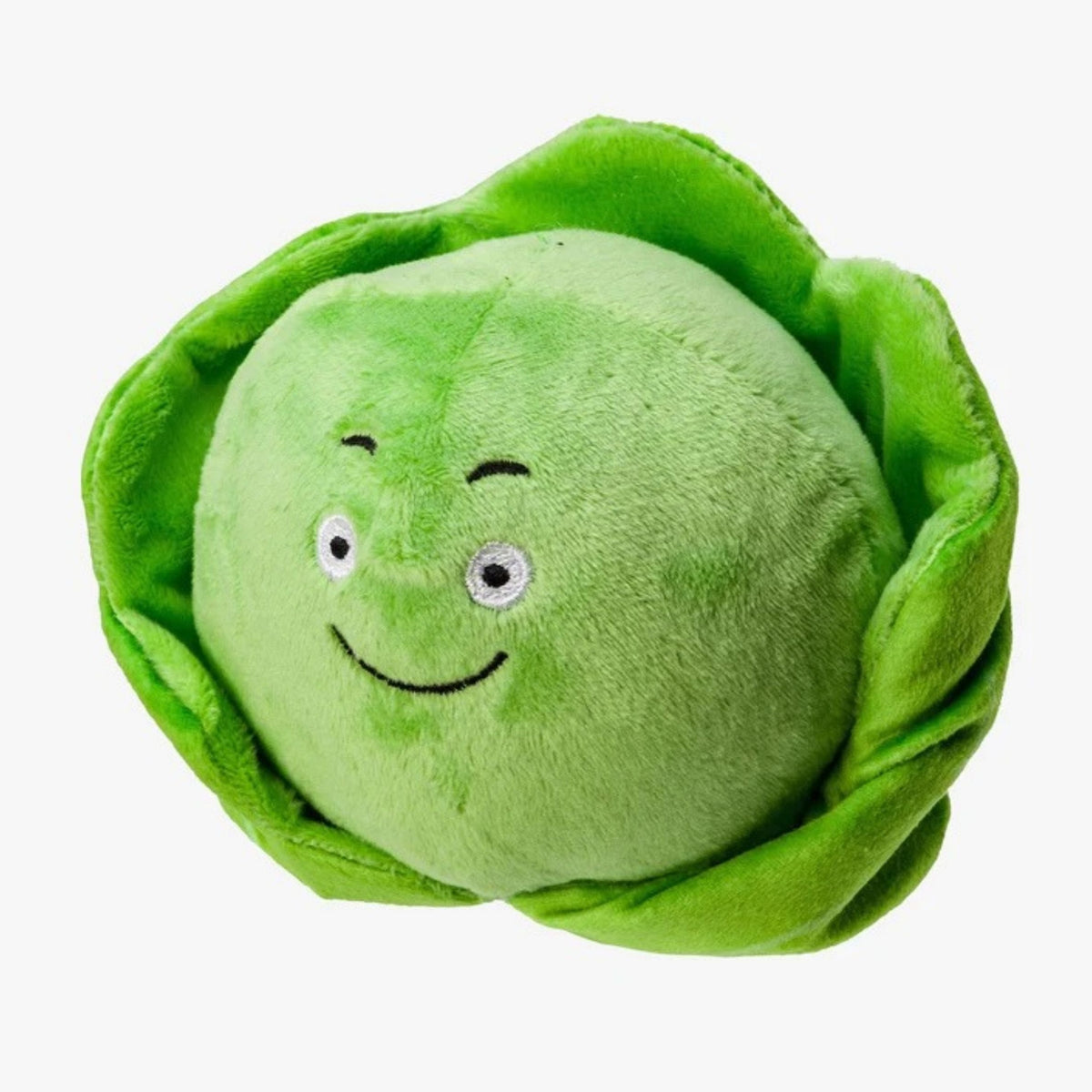 A green sprout-shaped plush dog toy with a smiling face, photographed against a plain white background.