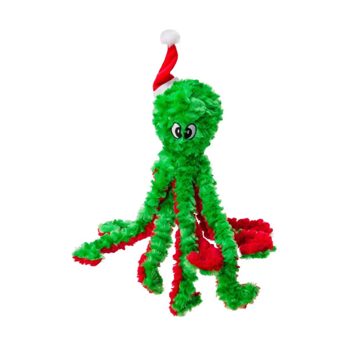A green fuzzy octopus-shaped plush dog toy with red and green striped tentacles and a red Santa hat with a white pom-pom, shown on a plain white background.