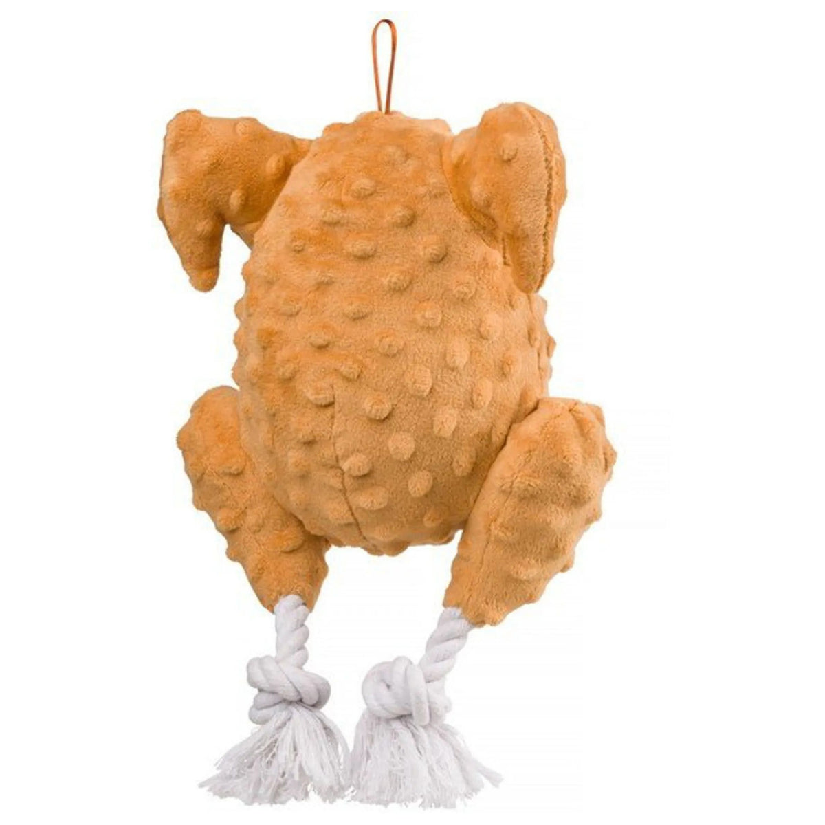 A plush turkey-shaped dog toy in a warm tan-brown colour with a raised dot texture, featuring white rope tug toys attached to the legs and a hanging loop at the top, shown against a plain white background.