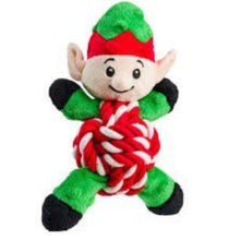 A plush Christmas elf dog toy with a red and white knotted rope belly, green and red hat, and black-and-white feet, isolated on a white background.