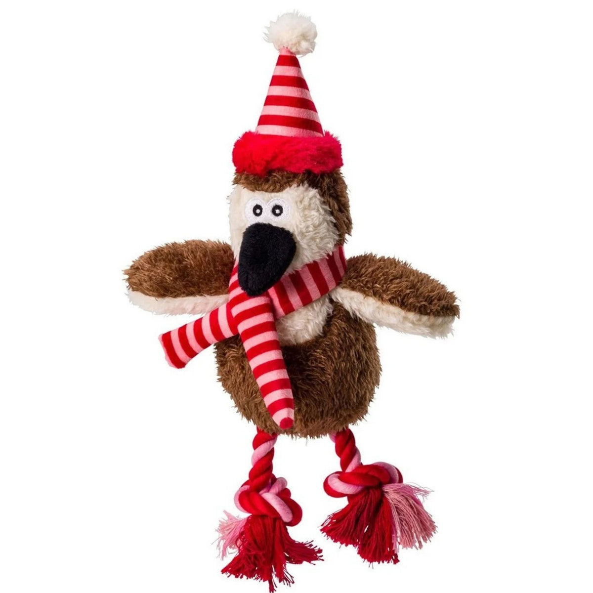 A plush Christmas penguin dog toy with brown and cream feathers, wearing a red and white striped Santa hat and matching scarf, on a solid white background.