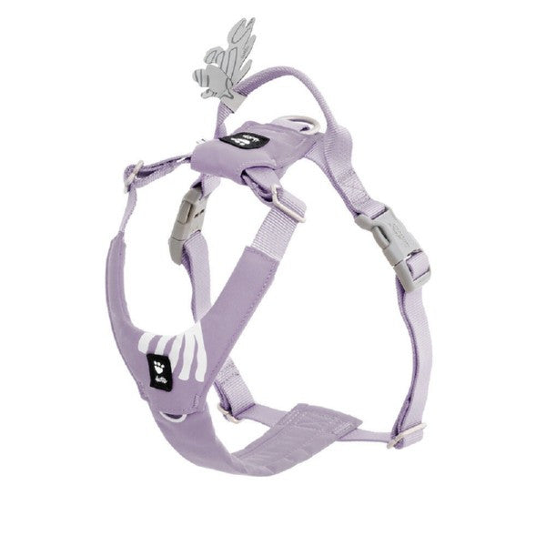 Lavender dog harness with brand logo on a white background
