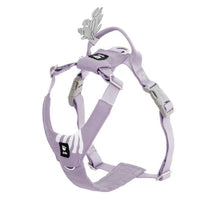 Lavender dog harness with brand logo on a white background