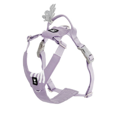 Lavender dog harness with brand logo on a white background