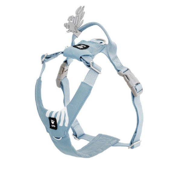 Light blue dog harness with brand logo on a white background