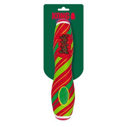 Kong dog toy in its original green cardboard packaging, featuring a red and green striped fuzzy dog-shaped toy with 'KONG' printed on the front.