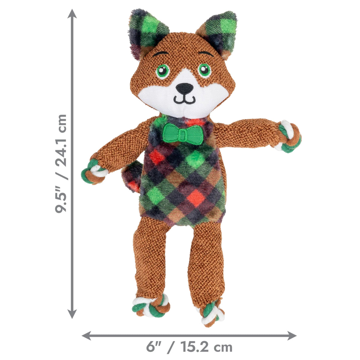 A plush toy fox dog chew with brown knitted body, green and brown plaid ears and shirt, green bow tie, and green and white paw cuffs, shown on a white background with dimension arrows and text indicating 9.5 inches tall by 6 inches wide.