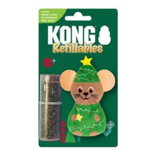KONG Refillables cat toy packaging with a Christmas-themed mouse design on a green background.