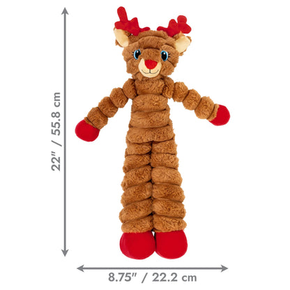 A plush reindeer dog toy with dimension arrows and measurements showing a height of 22 inches (55.8 cm) and a width of 8.