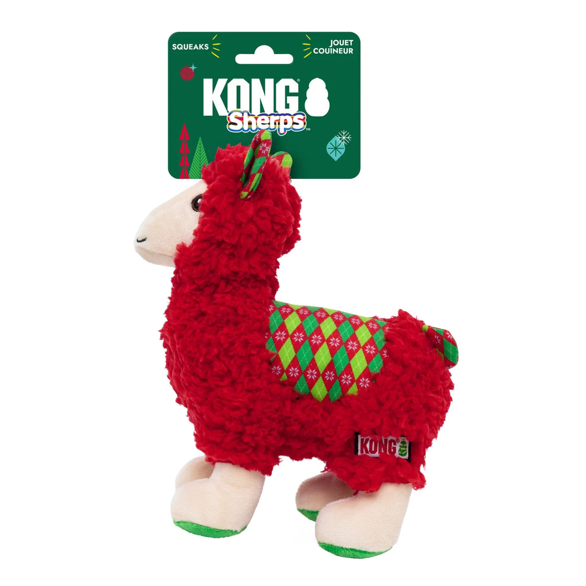 Kong Sherm's Christmas llama plush toy in red fleece with a green and red holiday sweater, featuring cream-colored feet and a white snout, attached to its green retail packaging card.