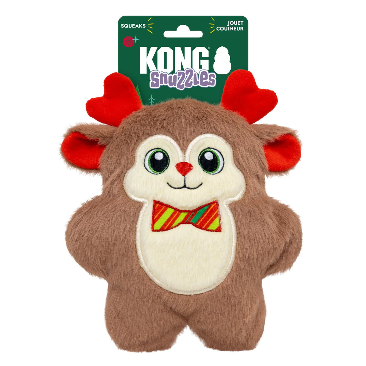 KONG Snuzzles dog toy in the shape of a brown reindeer with red antlers and a red and yellow striped bow tie, on its green retail hanger card.