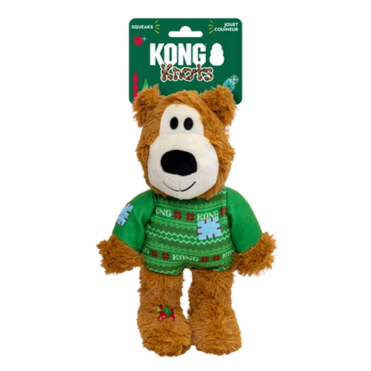 KONG knots dog toy teddy bear wearing a green jumper with green cardboard backing on white background