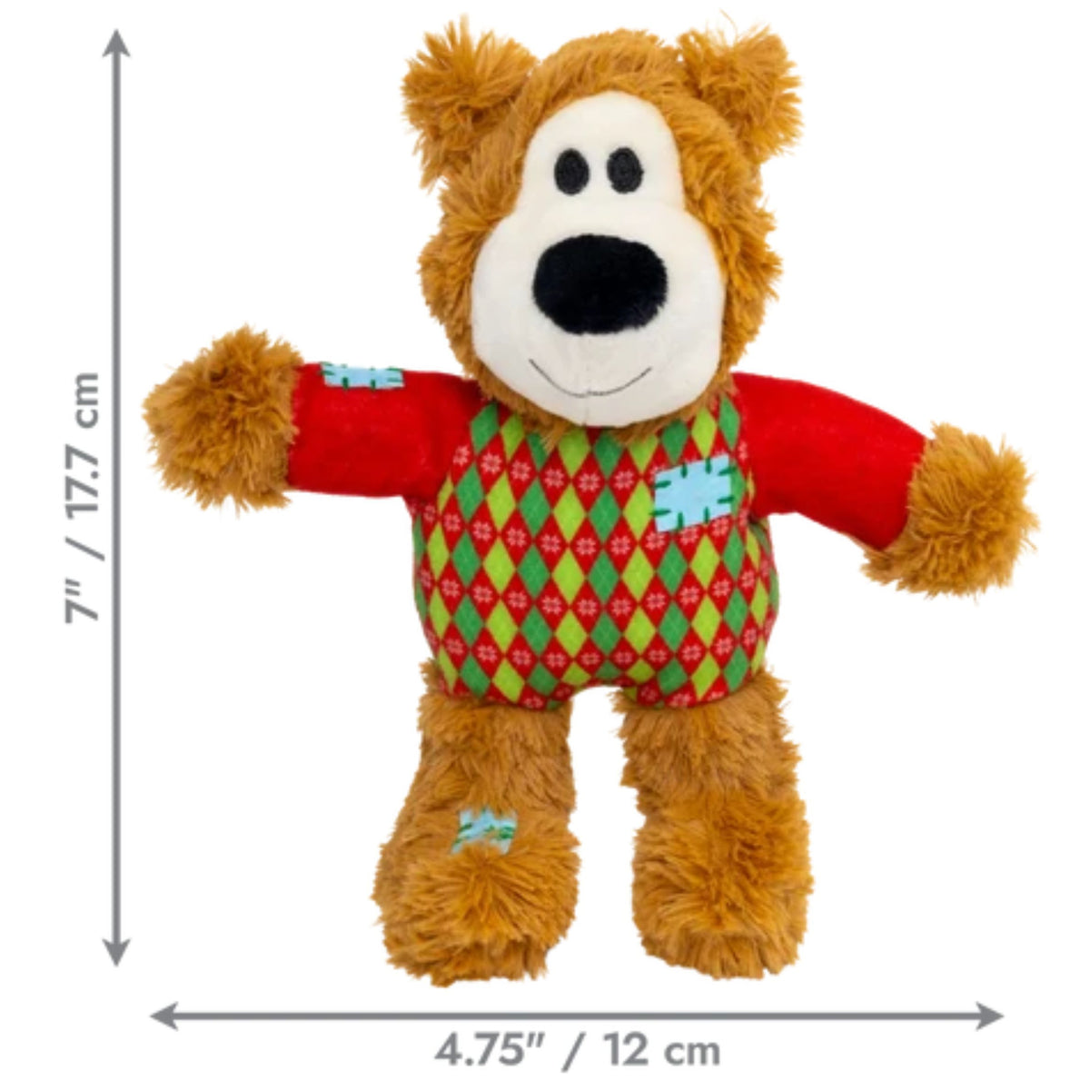 Dog toy with a sweater on a white background with dimensions