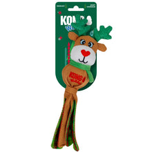 A plush dog toy shaped like a reindeer wearing with green antlers and green plaid scarf 