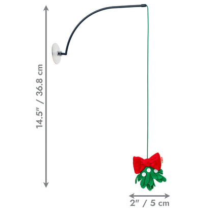 KONG Holiday 2026 Connects Window Mistletoe cat toy with sticky window pad and mistletoe on a long pole with dimensions