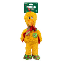 Yellow plush chicken dog toy with Christmas scarf and feet on a white background