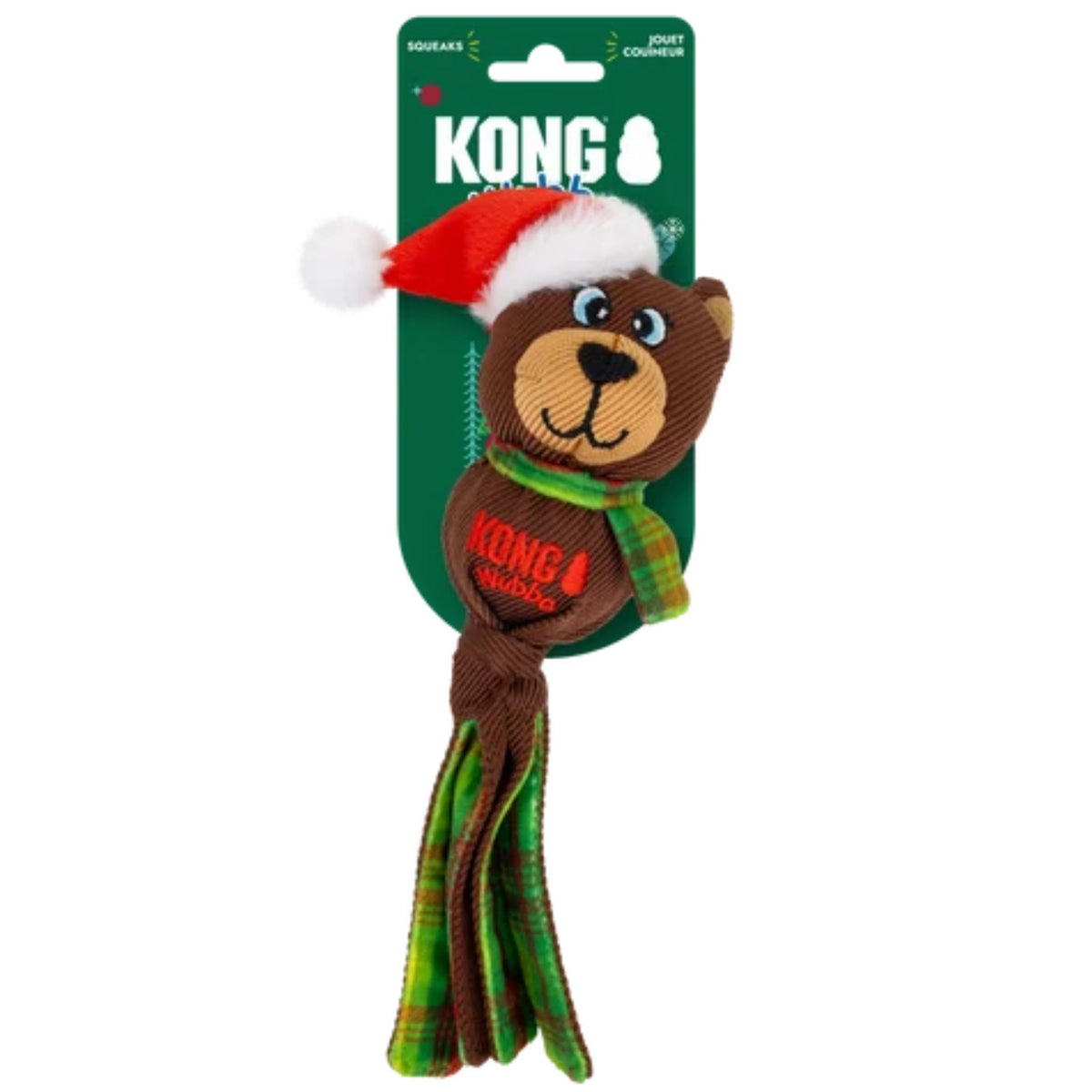 kong wubba dog toy shaped like a bear with a Santa hat and green plaid scarf on green carboard backing