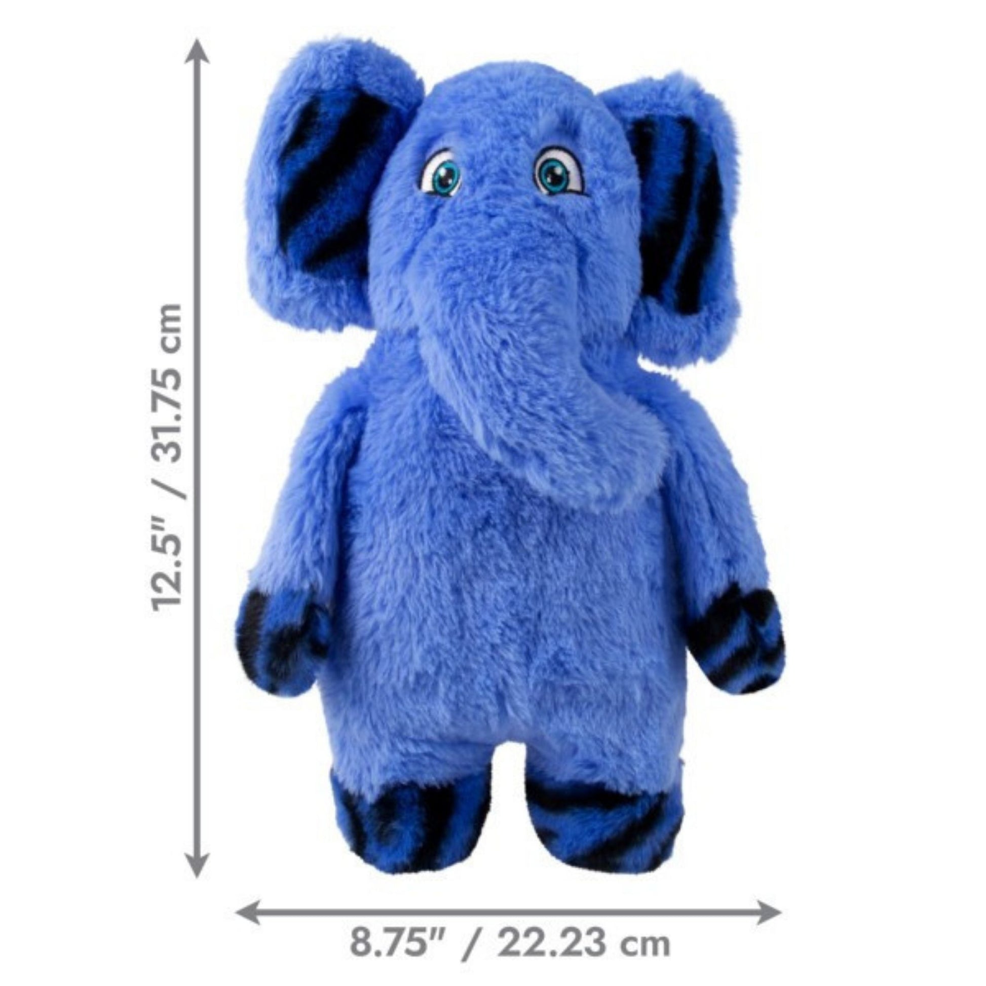 Blue plush elephant toy with measurements on a white background