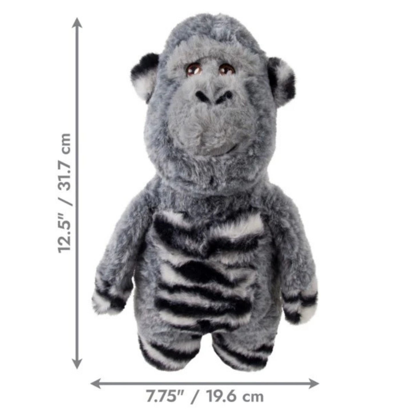 Plush gorilla toy with dimensions indicated on a white background