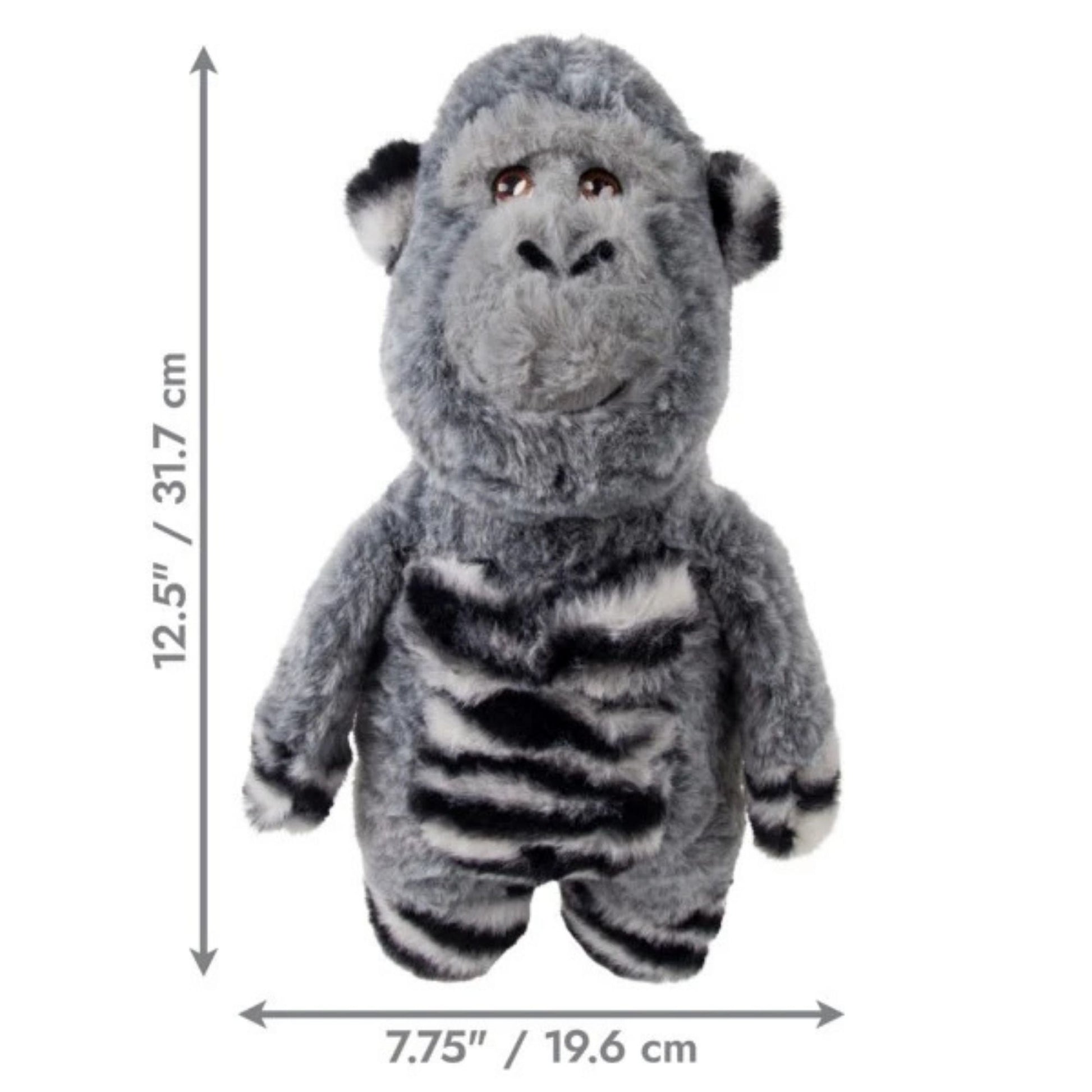 Plush gorilla toy with dimensions indicated on a white background