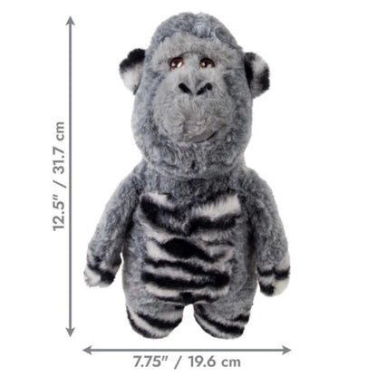 Plush gorilla toy with dimensions indicated on a white background
