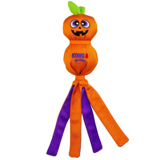 Halloween-themed toy with orange pumpkin design and purple ribbons on a white background
