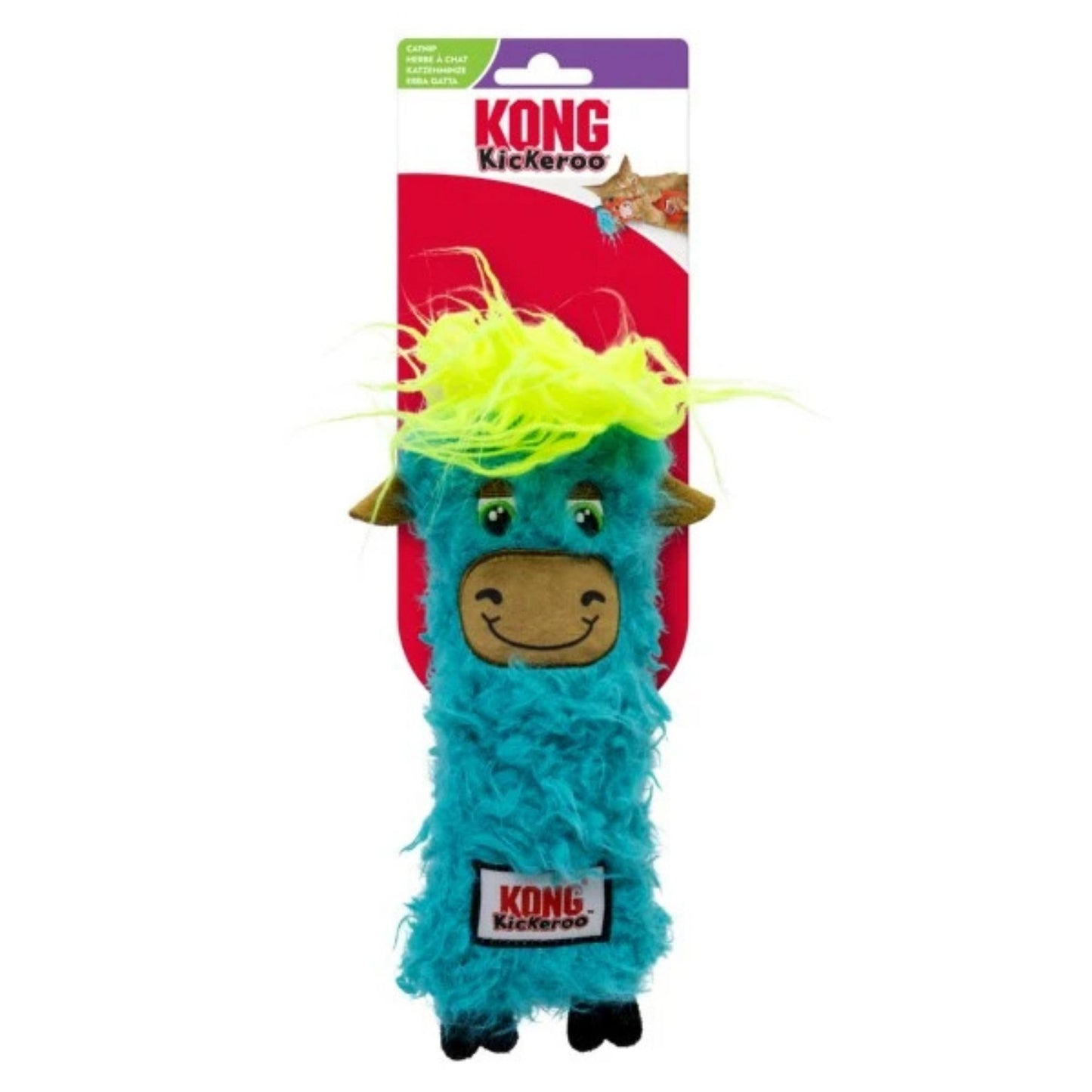 Blue llama-shaped KONG Kickeroo toy with yellow hair on a white background