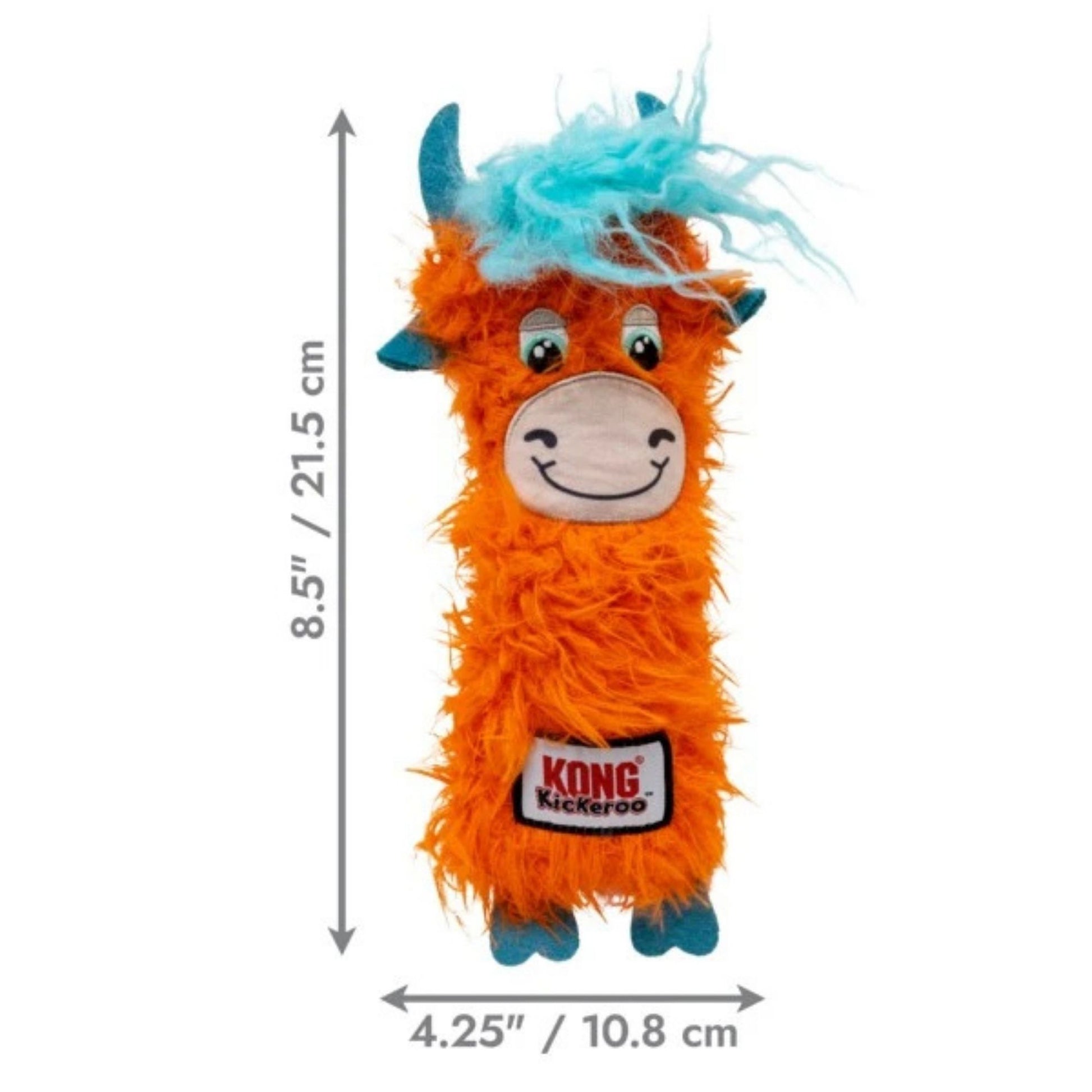 Orange plush toy with blue accents and KONG branding, shown with dimensions on a white background.