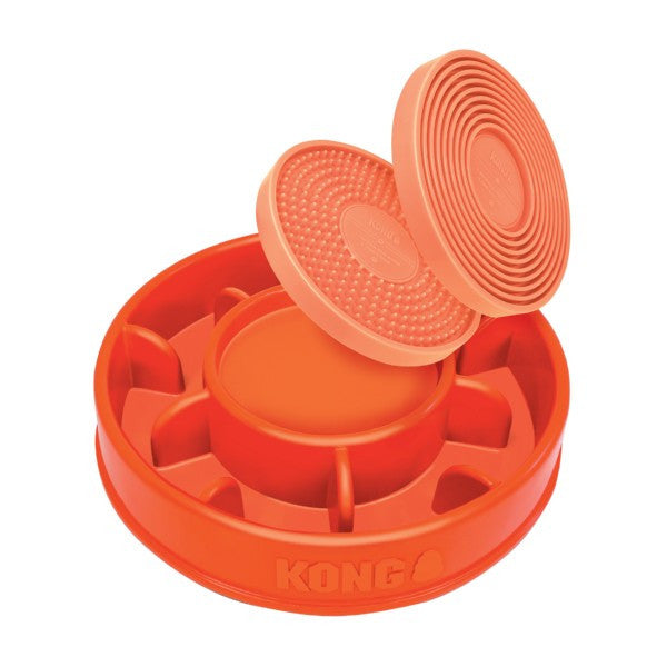 Orange KONG dog toy with a textured top on a white background