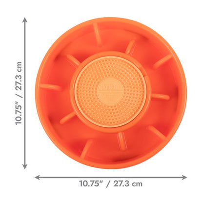 Orange wheel cover with dimensions on a white background