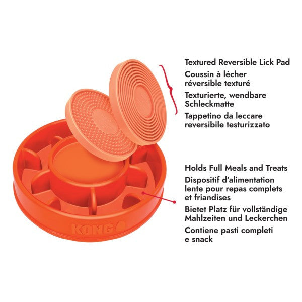 Orange pet toy with textured reversible lick pad on a white background