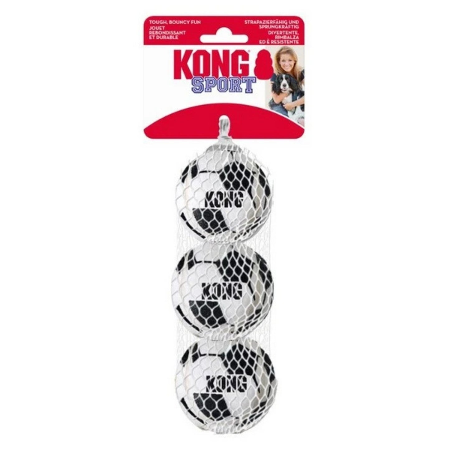 Kong Sport dog toys in a netted package on a white background