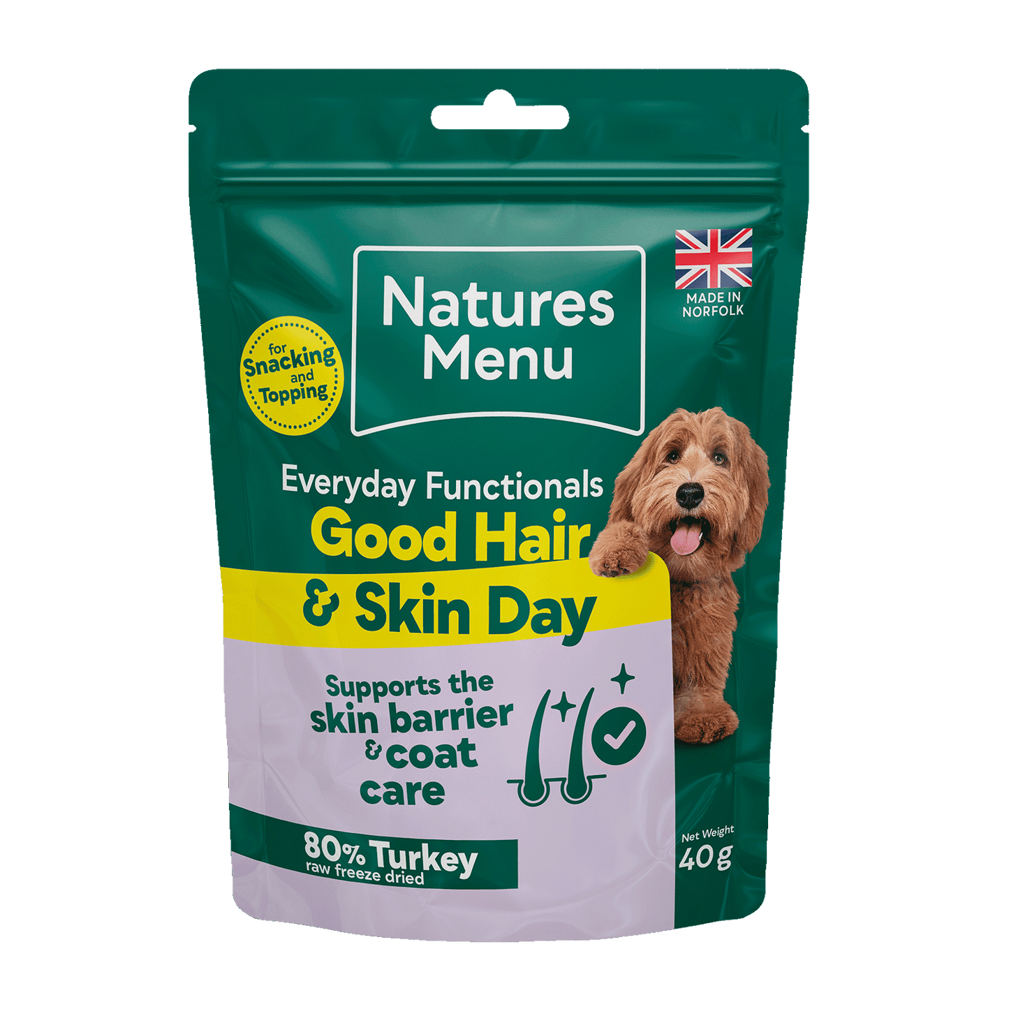 Natures Menu dog food package for good hair and skin day on a black background