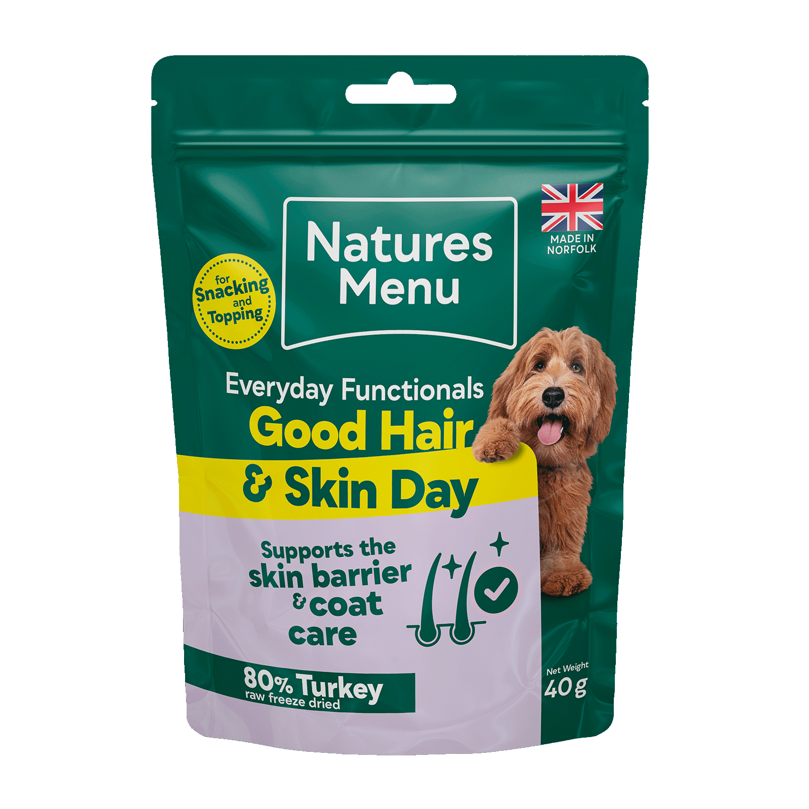 Natures Menu dog food package for good hair and skin day on a black background