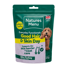 Natures Menu dog food package for good hair and skin day on a black background
