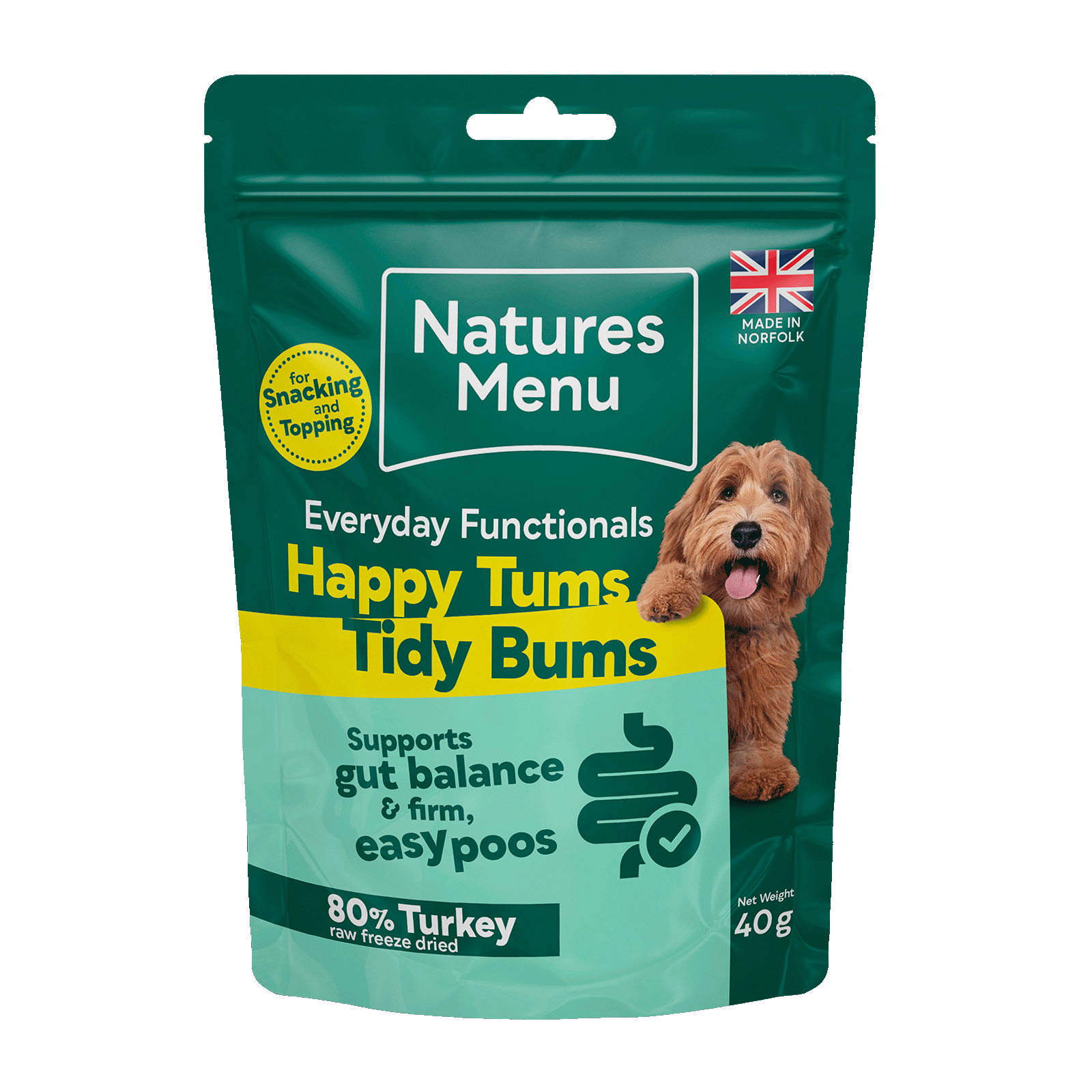 Natures Menu dog food package with a teal background