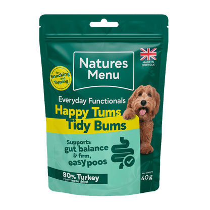 Natures Menu dog food package with a teal background
