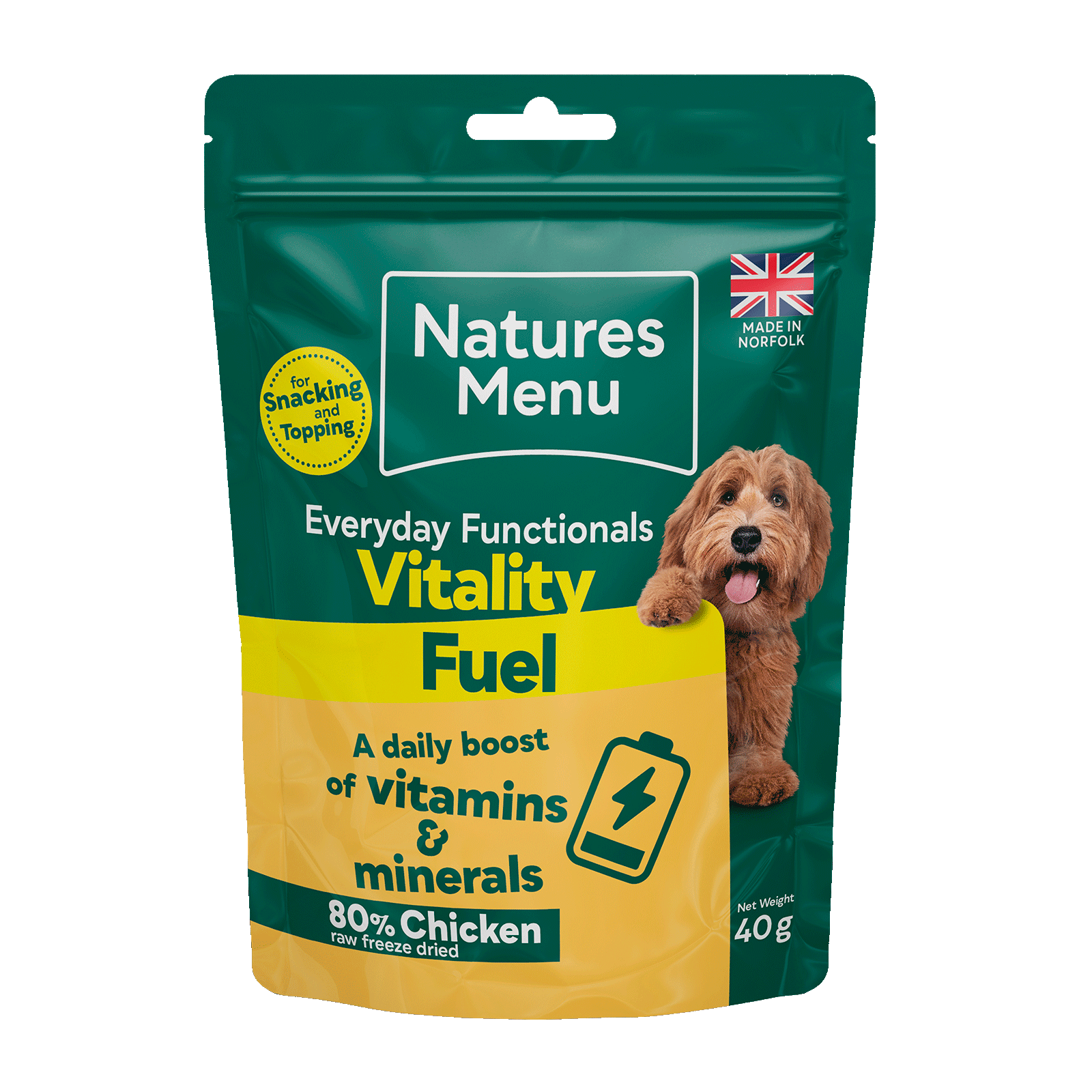Natures Menu dog food packet on a black background