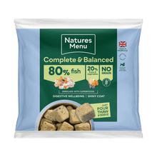 Natures Menu pet food package with text on a white background