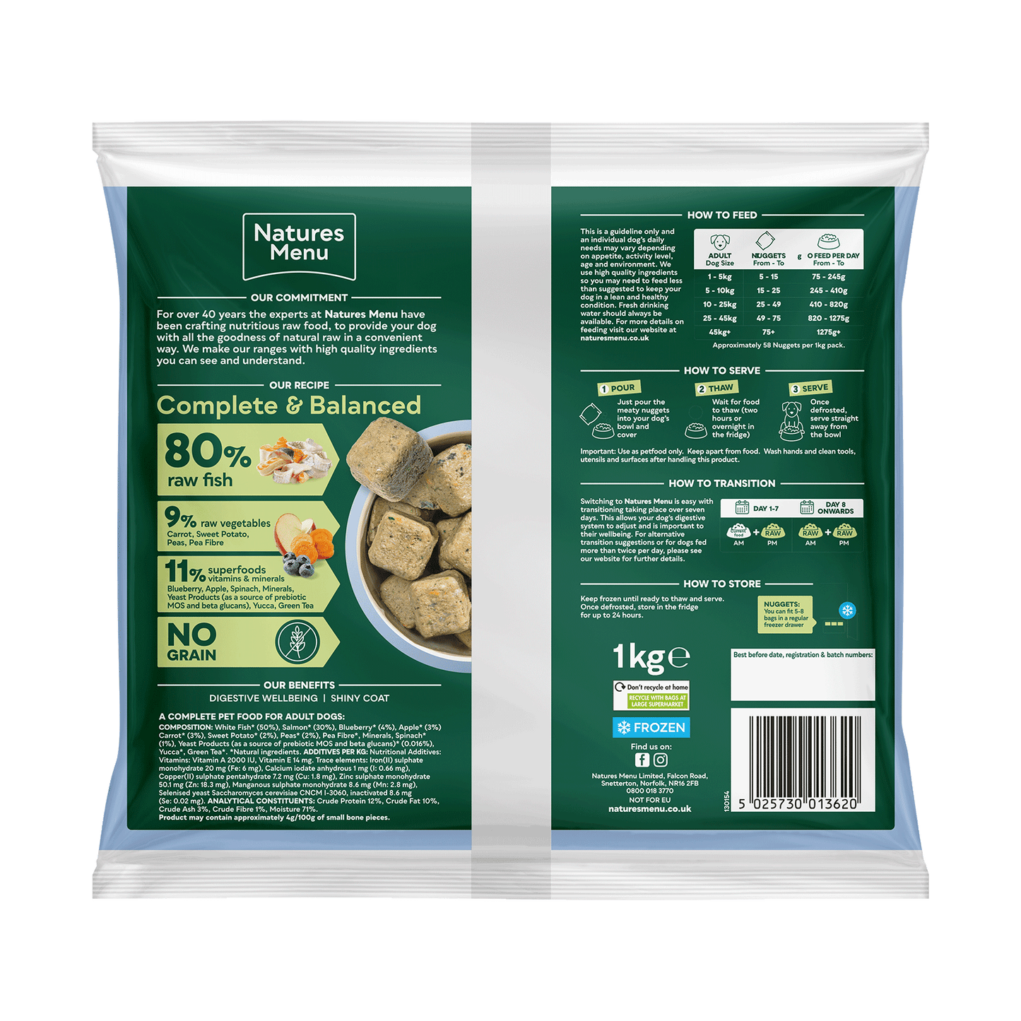 Natures Menu pet food packaging with green label and white border