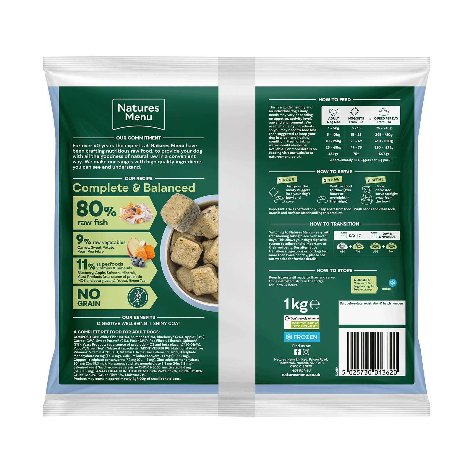 Natures Menu pet food packaging with green label and white border