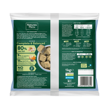 Natures Menu pet food packaging with green label and white border