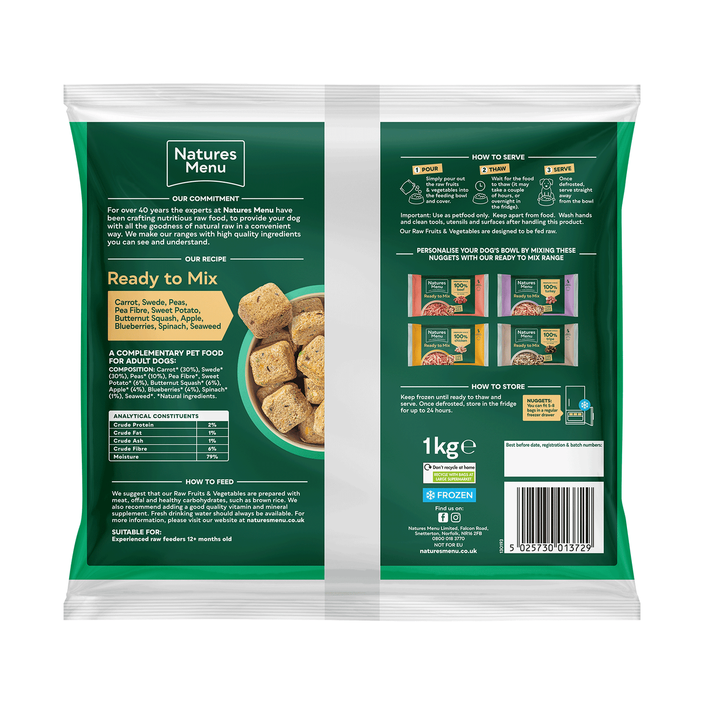 Natures Menu pet food packaging with green and white design