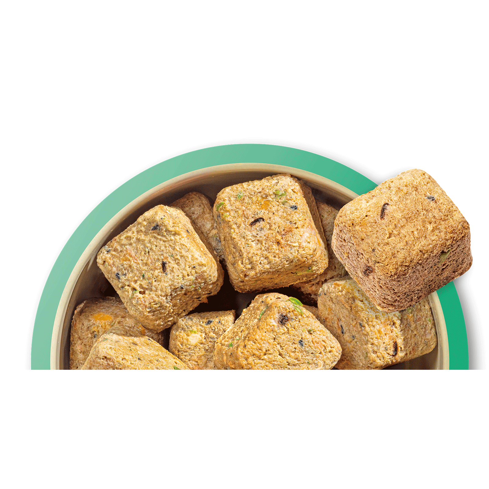 Bowl of square-shaped pet treats with a green rim on a white background