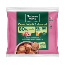 Natures Menu pet food package with pink and green design on a white background