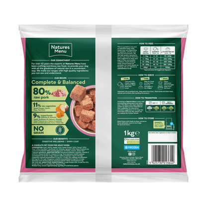 Natures Menu dog food packaging with green label and pink bowl of food illustration.