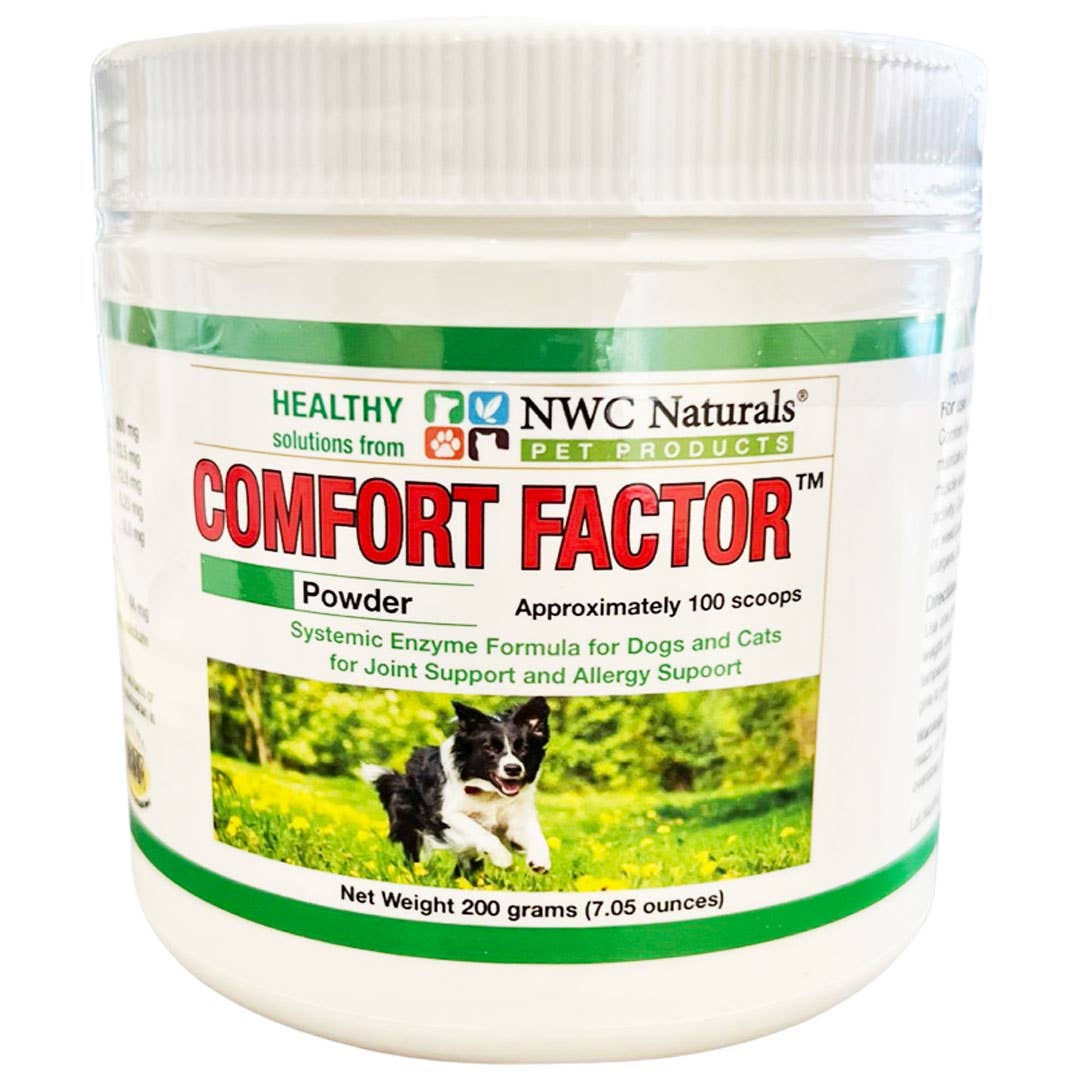 NWC Naturals Comfort Factor powder container with a dog and cat on the label.