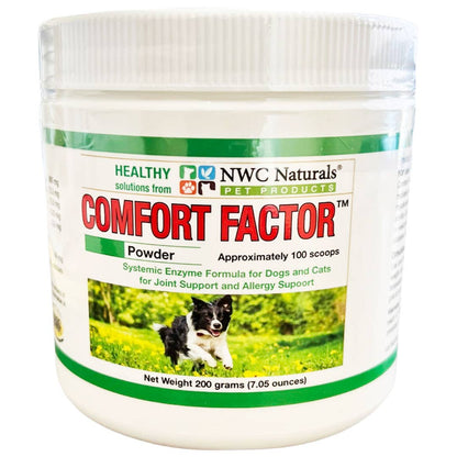 NWC Naturals Comfort Factor powder container with a dog and cat on the label.